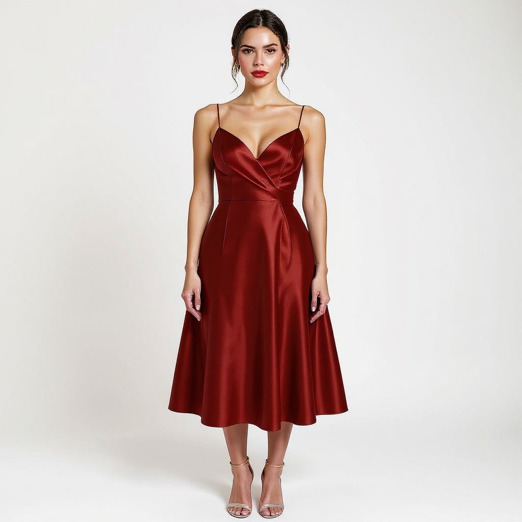 Model wearing a red satin midi dress from VERSHANA on white background